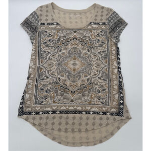 LUCKY BRAND Short Sleeve Tee S Beige Black Medallion Print